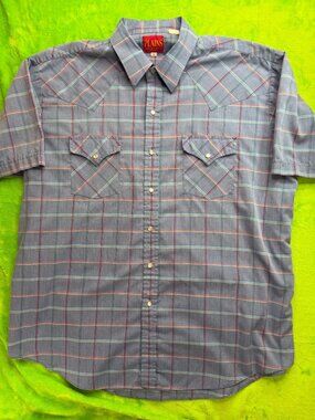 Vintage Plains Western Wear XL Blue Plaid Short Sleeve Shirt